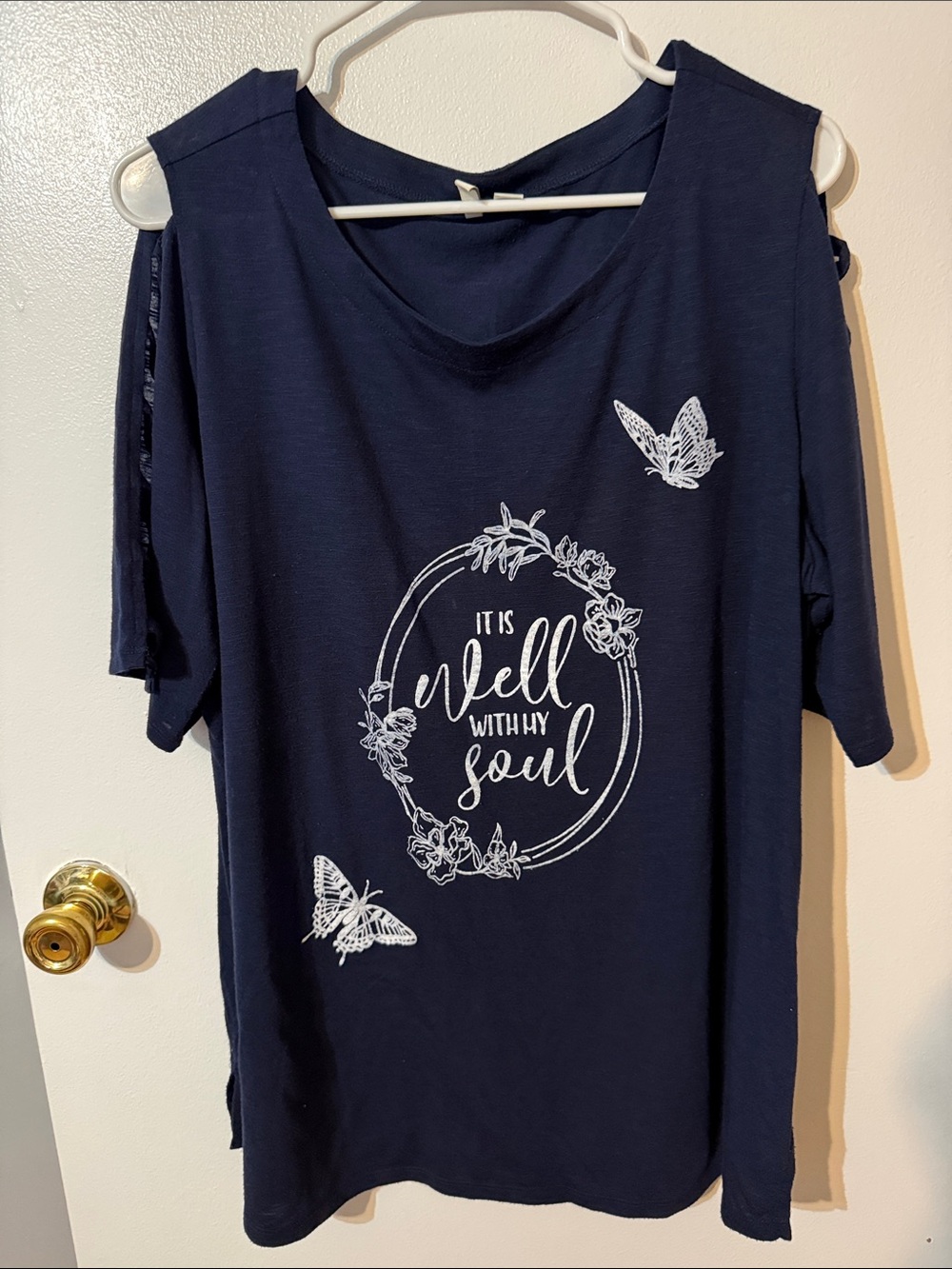 Cato Navy Cold-Shoulder Graphic Tee with White Floral & Butterfly Print